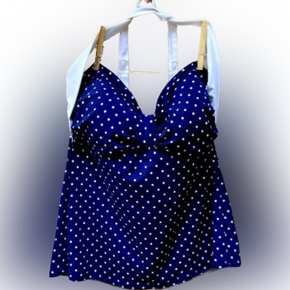 CHAPS Tankini Top Blue with white polka dots swim suit Size 14 Sexy top EUC